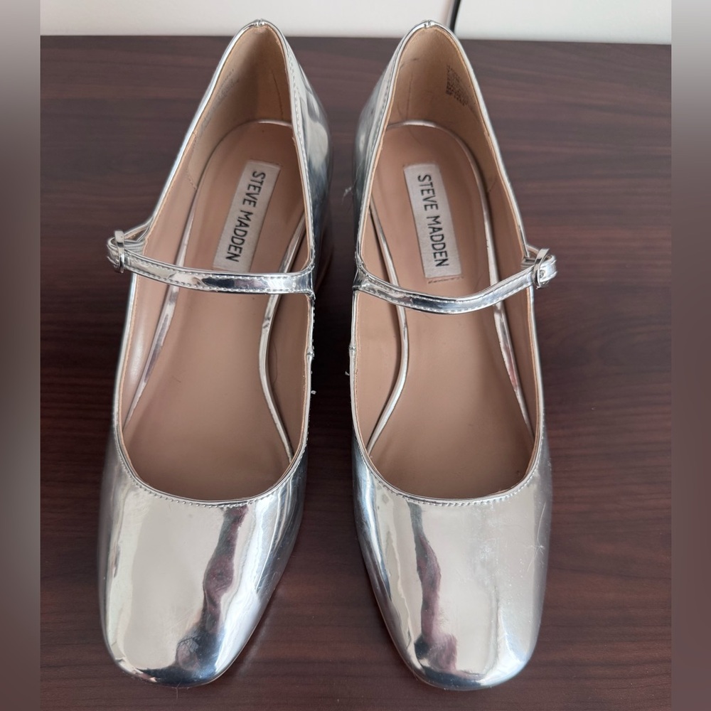 Steve Madden Metallic Silver Mary Jane Block Heels